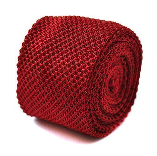 Frederick Thomas Knitted Silk Mens Tie - Deep Red - Plain Skinny Wedding Necktie