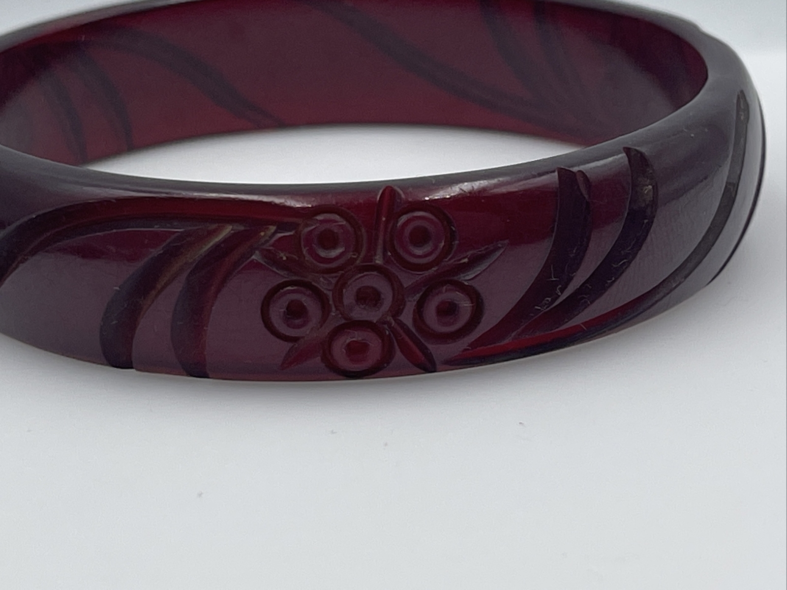 Antique Bakelite Translucent Dark Red Color Carve… - image 2