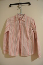 Womens Button-Up Collared Shirt Pink White Grey Striped Long Sleeve - Small