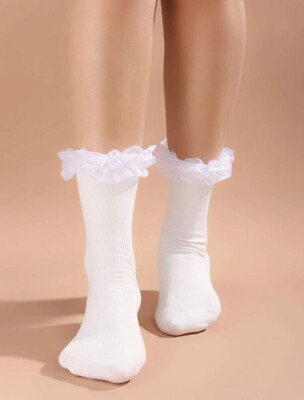 Super süße Damen-Partysocken mit Rüschensaum Crew Schule Collage weiß schwarz Farbe