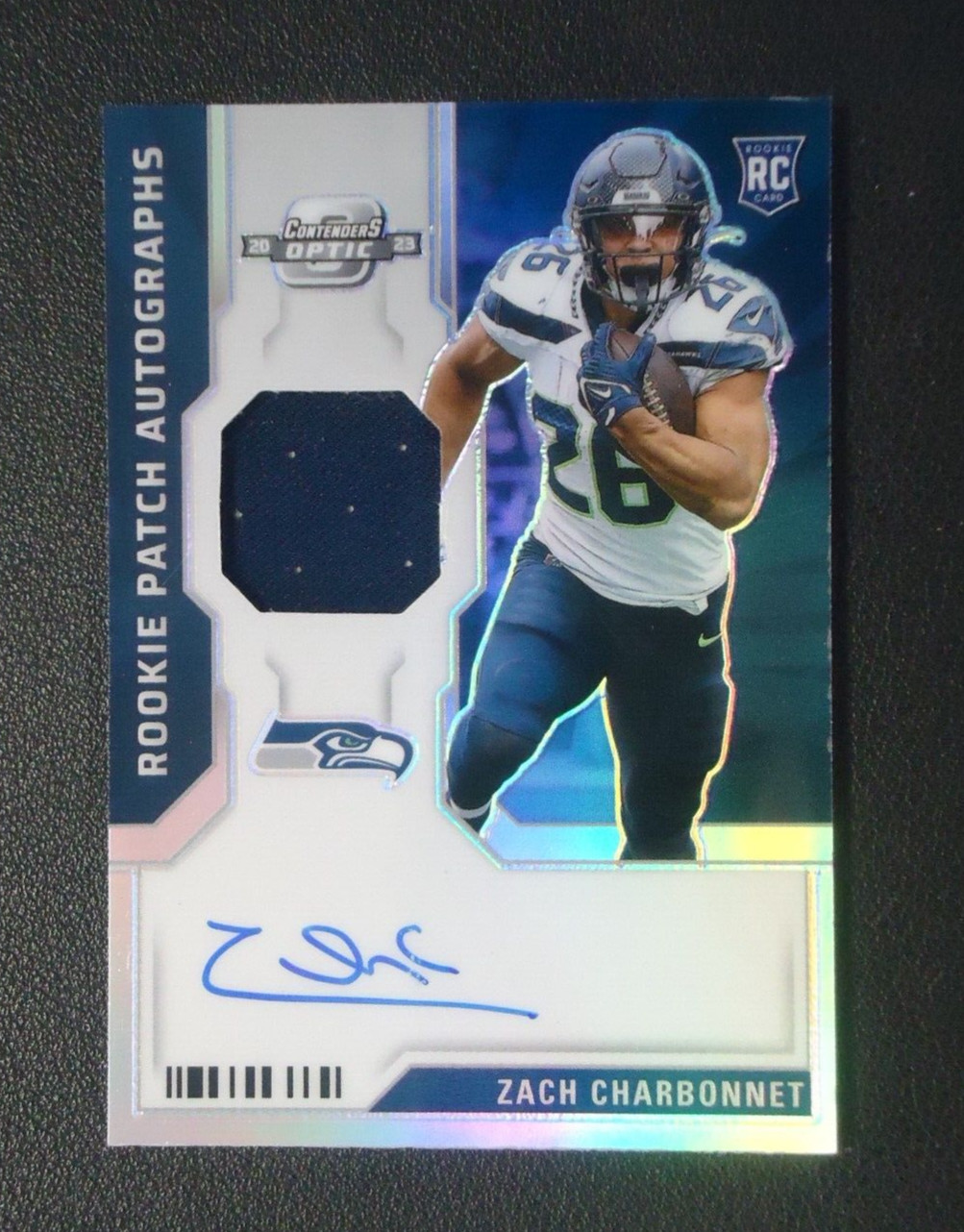 Zach Charbonnet 2023 PANINI CONTENDERS OPTIC RC PATCH/AUTO 18/75 Card #RPAZC