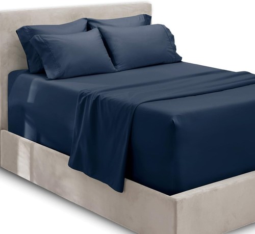All-Weather Navy Blue Split King Sheet Set - Extra Deep Pockets & 4 Pillowcases - Bild 3 von 10