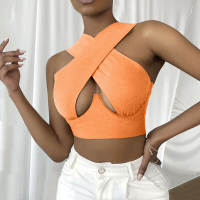 Women's Crisscross Cut Out Vest Halter Wrap Crop Top Solid