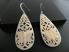Carved Butterfly Buffalo Bone Sterling Silver 925 Drop Dangle Earrings