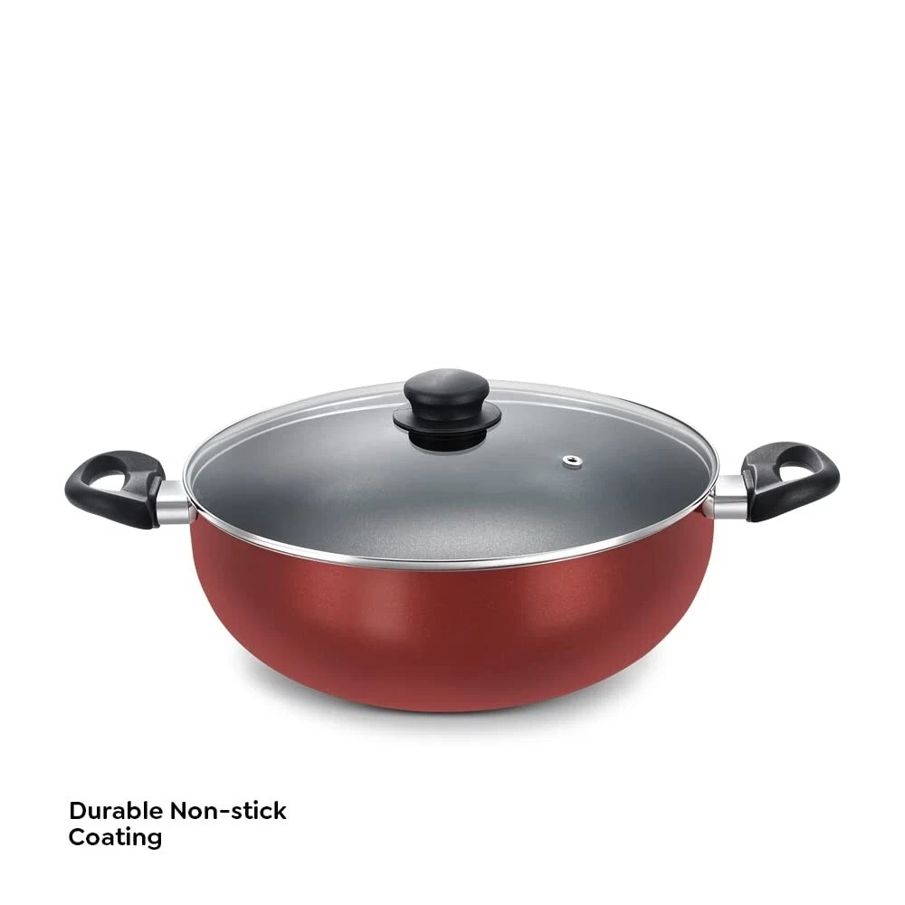 Prestige OMG DLX Induction Base Non Stick Aluminium Deep Kadhai 28cm Red