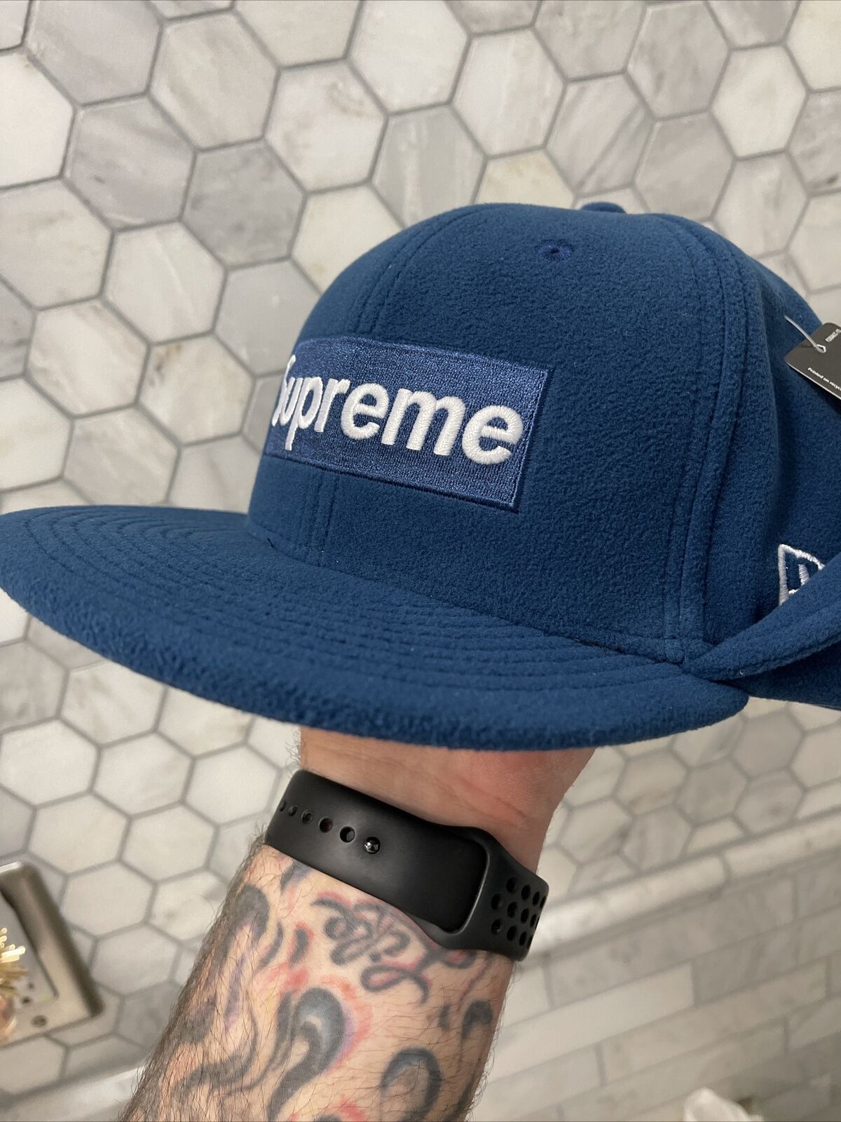 Supreme Box Logo Ear Flap Hat New Era Polartec Size 7 3/4 Blue Fleece FW17  New