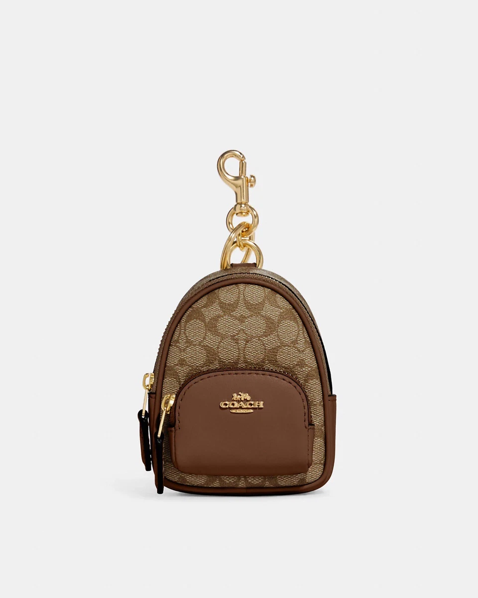 Coach Mini Court Backpack Bag Charm In Signature Canvas Khaki Saddle  Keychain