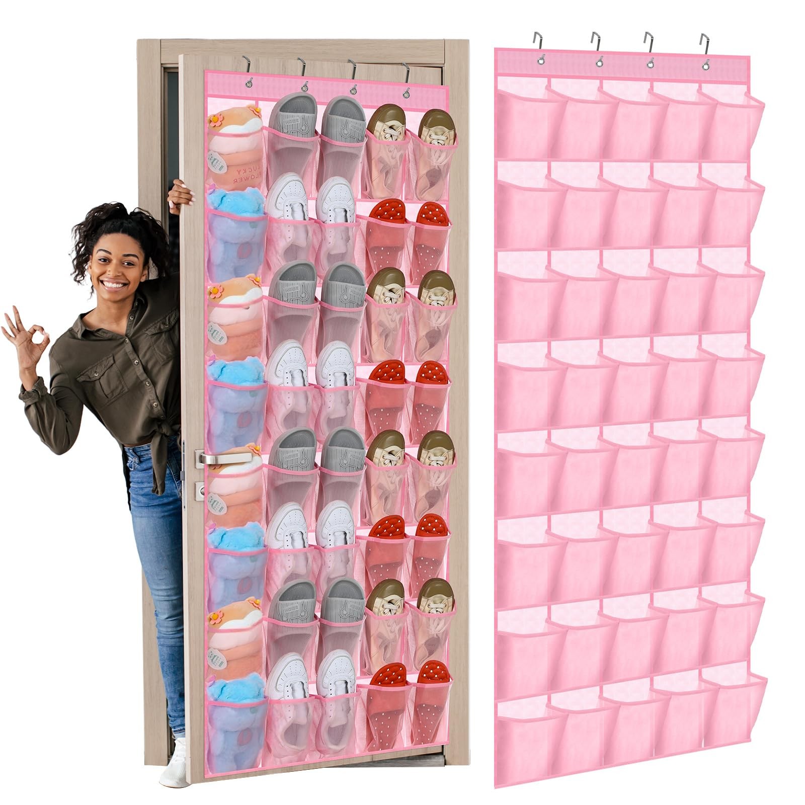 Pink Large Mesh Over Door Shoe Organizer with 40 Pockets-image