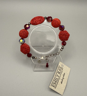 Emily Ray 925 Sterling Silver Red Cinnabar Longevity Crystal Beaded Bracelet
