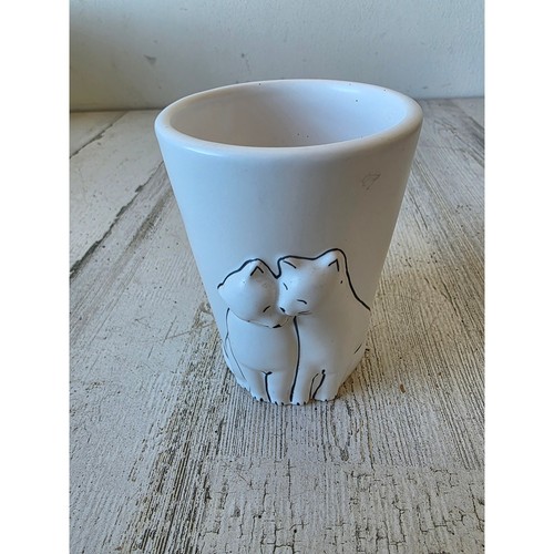 Vintage signature cat cup pottery tumbler toothbrush white bathroom decor kitten