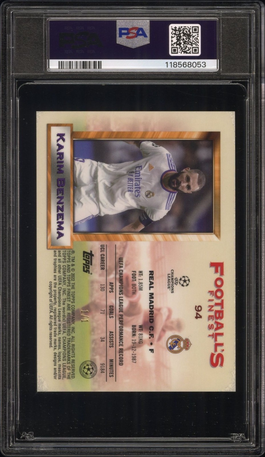 202122 TOPPS FINEST UCL KARIM BENZEMA JUMBO TOPPER SUPERFRACTOR 11 94 PS G2U view 2