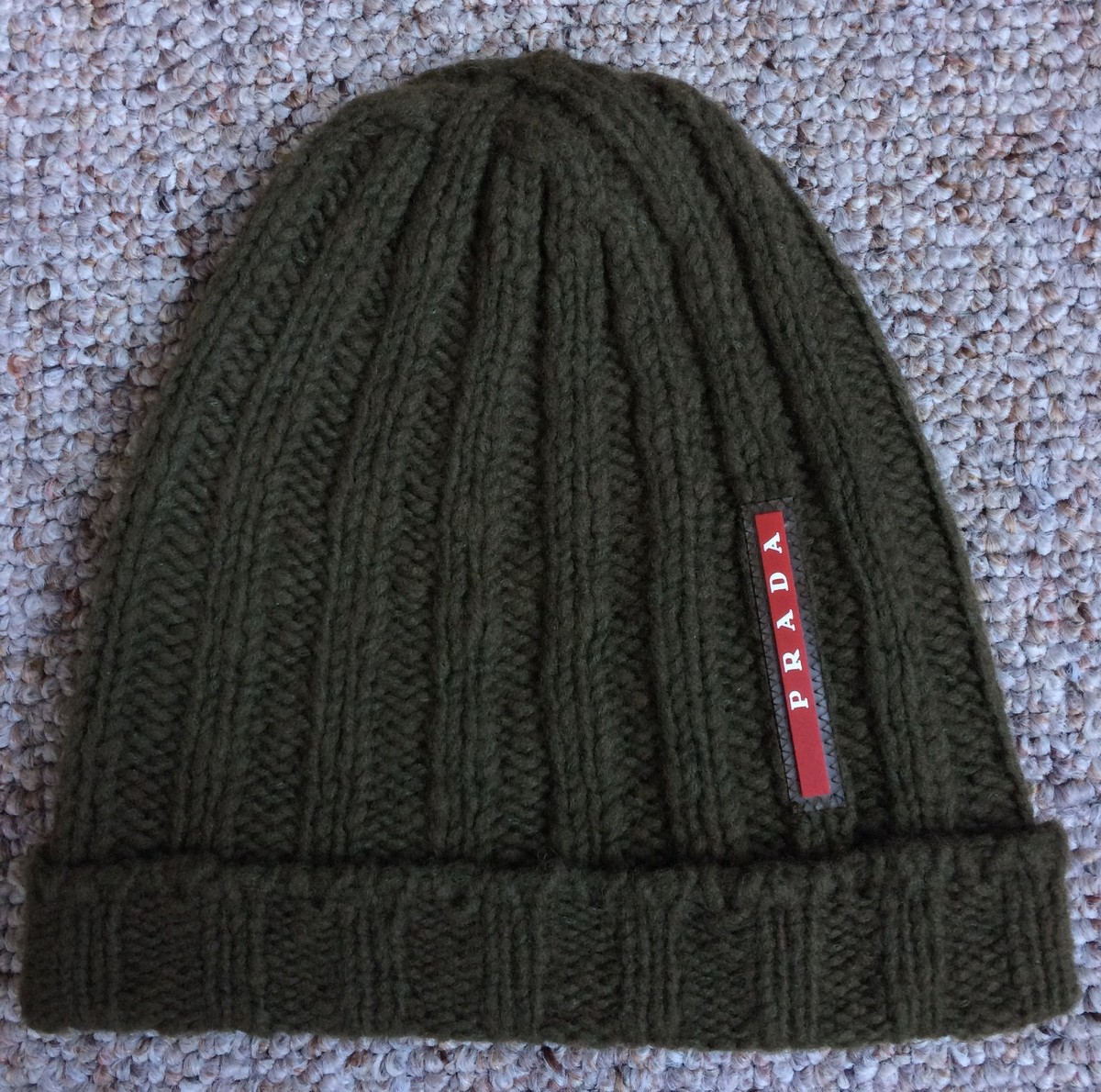 美品 00s PRADA SPORTS WOOL LOGO BEANIE Prada Sport White Cream 00s Wool Knit Ribbed Beanie – ajpg_shop