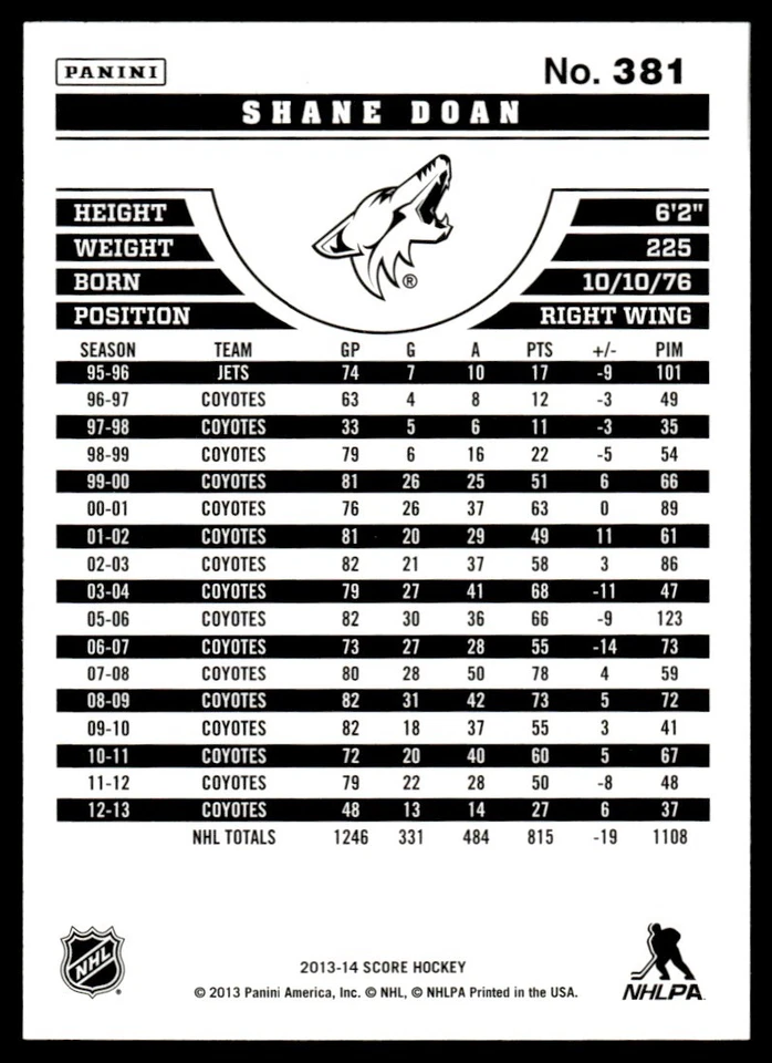 2013-14 Score Shane Doan Phoenix Coyotes #381 - Image 2 of 2