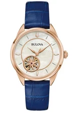 New Bulova Sutton 97L180 Rose-Tone Blue Leather Automatic Mother-of-Pearl