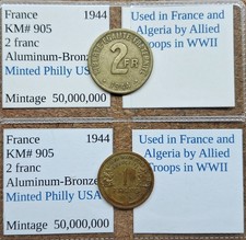 Lot of 2 Old France Algeria 1 & 2 franc Coins 1944 Allied Troop use in WWII