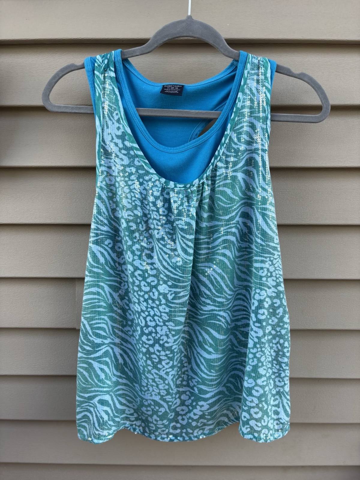 Faded Glory Womens XL Blue Zebra Animal Print Racerback Tank Top Shirt