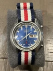Seiko Automatic Chronograph Blue Dial Day/Date Nylon Strap Vintage 70s working