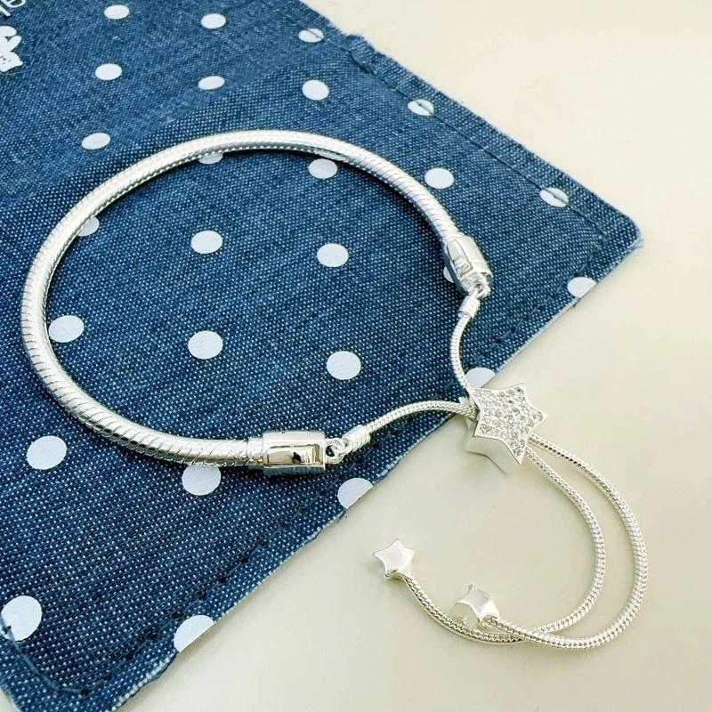 Brillante Pavé Estrella Deslizante Dije Serpiente Cadena Plata 925 Ajustable Momentos Pulsera Foto 3 de 4