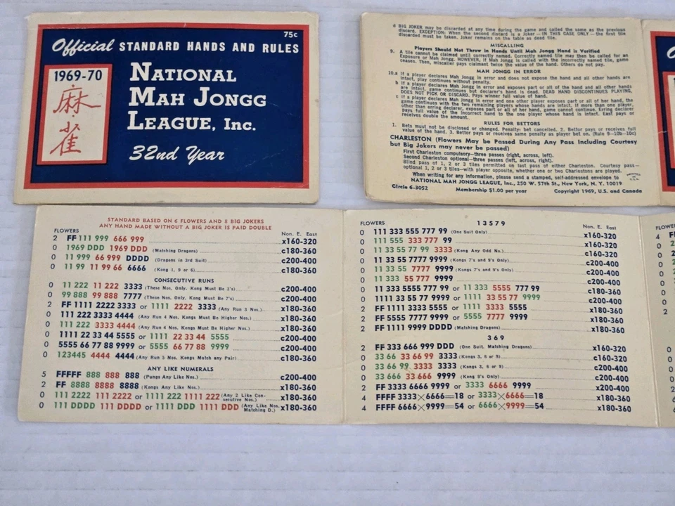 Lot of 4 Vintage 1969–1970 National Mah Jongg League Official Rule Cards 32 Year - Image 4 of 4