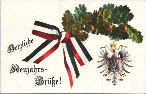 Postcard Military WW1 Era German New Year's Greetings, Ribbons, Acorns 1915