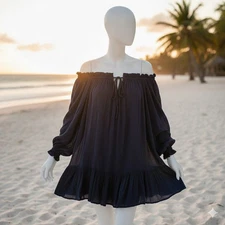 ELAN Navy Blue Off the Shoulder Tiered Mini Dress Boho Ruffle Rayon One Size OS