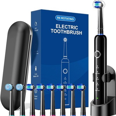 Travel-Friendly Rotating Toothbrush with 8 Replacement Heads & Waterproof Design