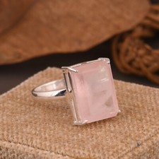 Rectangle Cut Rose Quartz Gemstone Sterling Silver Ring Birthday Gift For Her