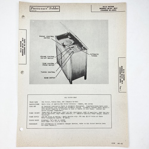 Original 1946 RCA Victor Phono Radio Model 58 AV Wire Schematic Repair Manual - Afbeelding 2 van 2