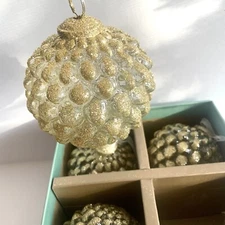 Tinsel And Fir Christmas Ornaments Heavy Glass Pinecone Gold Glitter Clear Large