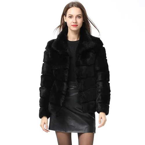 Abrigo de piel de conejo cuello alto chaqueta nuevo invierno mujer moda - Imagen 2 de 10