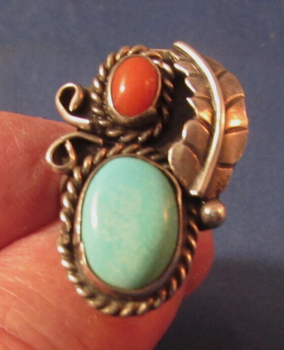 VINTAGE SOUTHWEST PAWN STERLING SILVER WITH TURQUOISE & CORAL RING SIZE 6 3 4