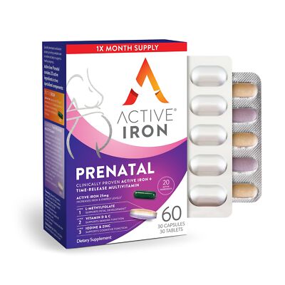 Active Iron Prenatal Iron Supplement + Prenatal Vitamins for Women 30 Non-Con...