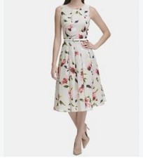 Tommy Hilfiger Women's Beige Floral Pleated Sleeveless A-Line Midi Dress Size 8