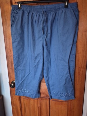 Essentials Woman Summer Blue Cotton Capri Pants Embellished Size 22/24 NWT 