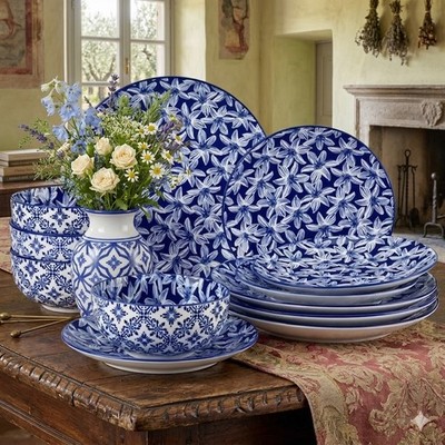 MALACASA 12 Pieces Dinnerware Sets, Porcelain Plates and Bowls Set for 4, Blue a
