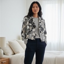 Carole Little Black  White Floral Linen Boho Cottagecore Blazer Jacket Classic