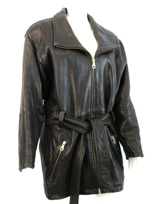 VTG  Brown Leather Trench Coat Jacket Designer Bloomingdales Quiet Luxury
