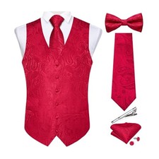 Men's Silk Paisley Vest and Necktie Set 6PCS Pre-tied Bow Tie Formal Large Red