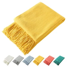 50x60 Inch Yellow Decorative Knitted Throw Blanket Fringe Soft Cozy Tassel