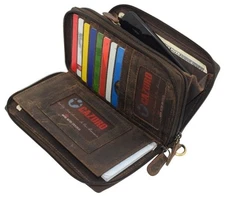 RFID Blocking Vintage Leather Double Zipper Clutch Checkbook Wallet for Women