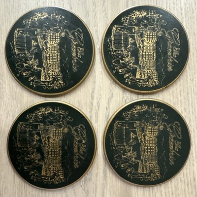 The Greenbrier Resort, Set of 4 - 4  Wooden Coasters, Green & Gold, PO-VG+