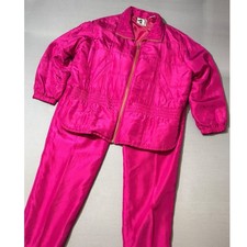 Vintage 90s Silk Shell Tracksuit Set Hot Pink Zip Jacket Pants Medium