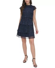 Vince Camuto Metallic Crinkled Tiered Dress Womens 6 Ocean Mock Neck Button Back