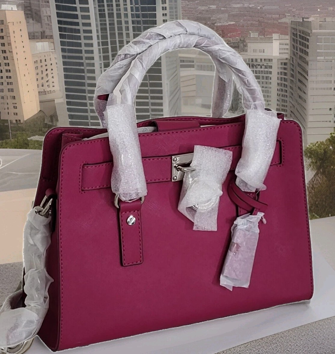 🌞MICHAEL KORS HAMILTON DEEP PINK SILVER SAFFIANO LEATHER EW SATCHEL BAG🌺NWT!