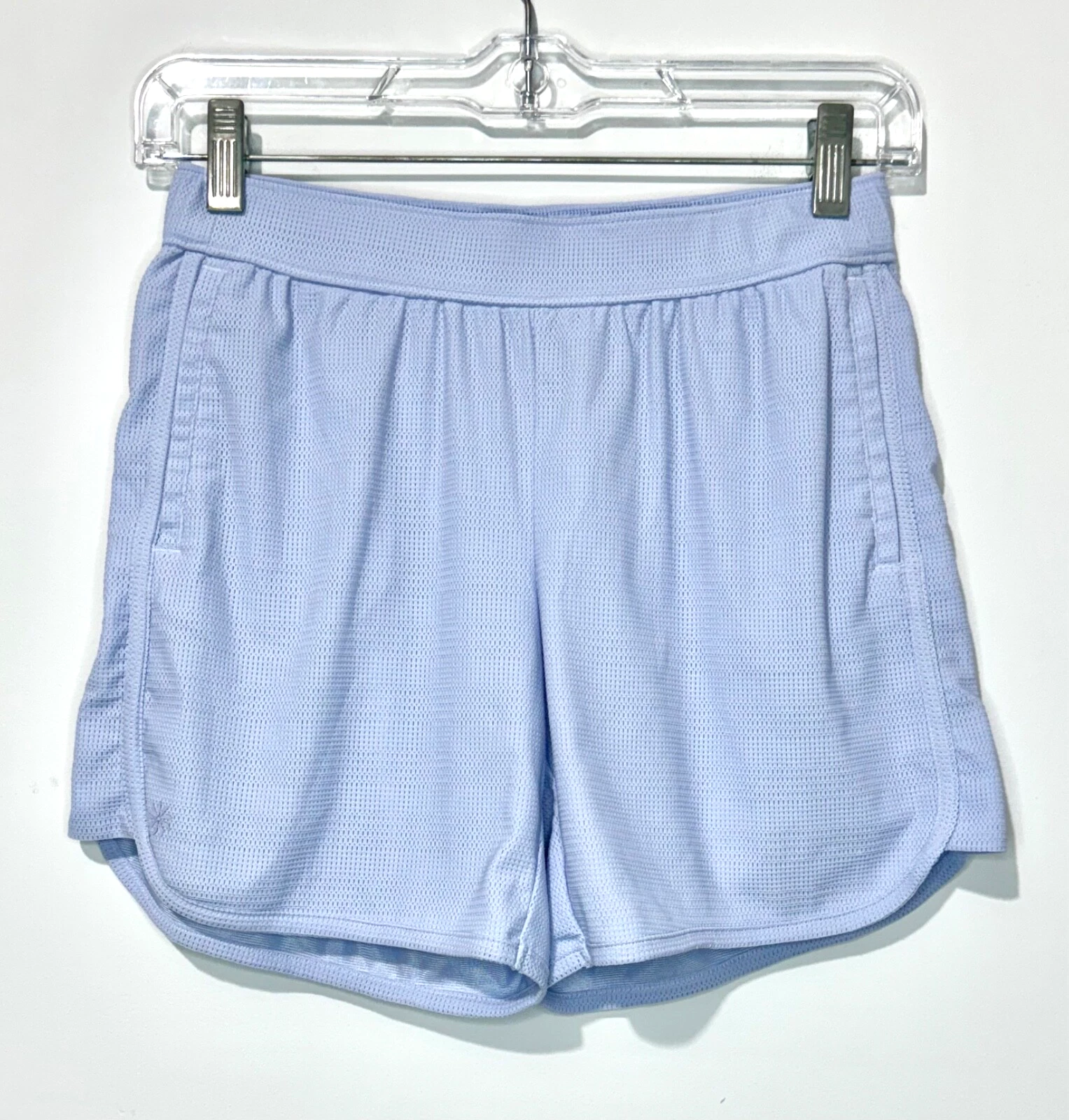 Athleta Girl Shorts L 12 Grayish Blue Pockets Breathable Elastic Waist Logo