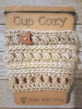 crochet handmade coffee cup drink cozy sleeve heart button whisper brown 1pc