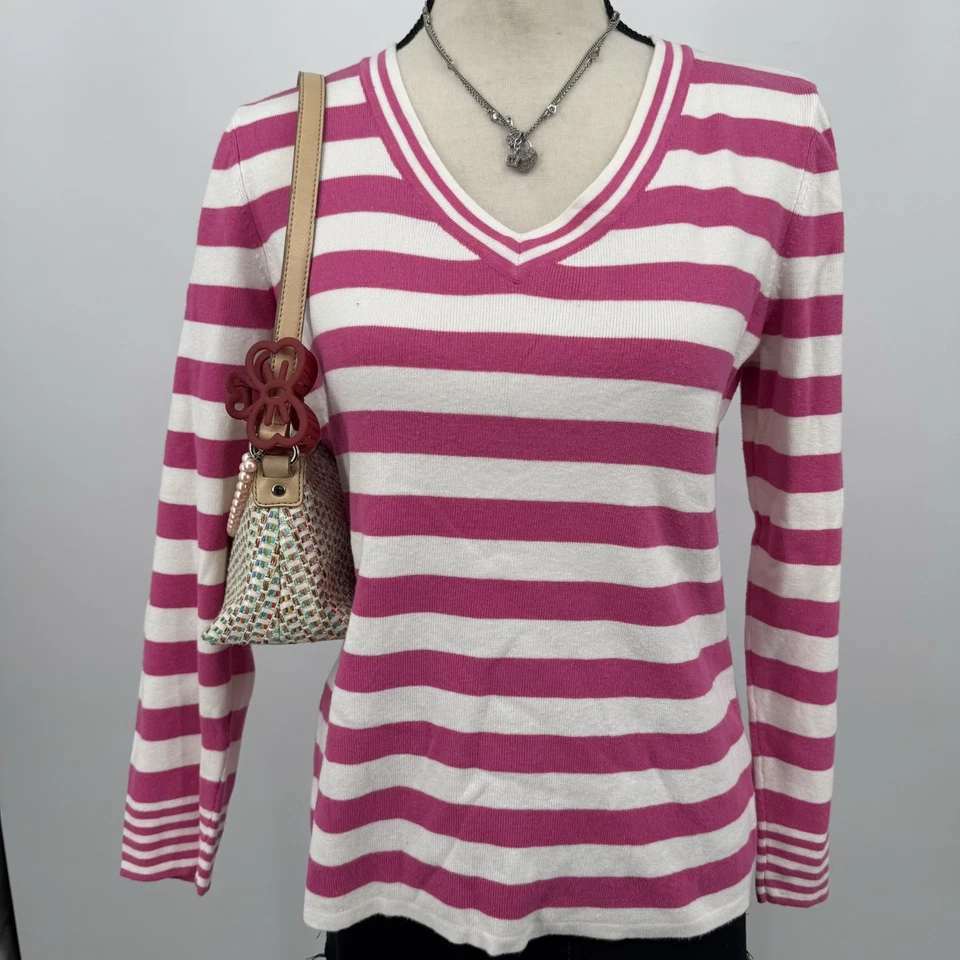 Suéter Top Rosa y Blanco Rayas Cuello en V Manga Larga Para Mujer Talla M Preppy Foto 2 de 4