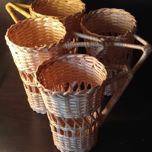 4er Set Vintage Korbgeflecht Rattan Getränkehalter mit Griffen Boho Deko NEU