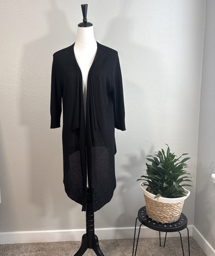 Eileen Fisher Cardigan Knit Black Linen Silk Open Front Long Women's Size Large