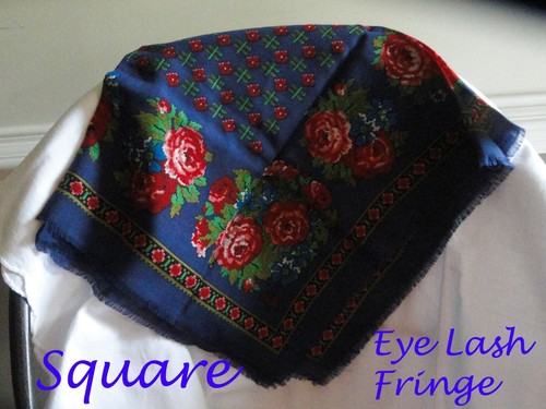 VTG Club 7 ECHO 100% Wool Square Neck Scarf 34” X 34” Fringe Roses Made Japan - Picture 5 of 8
